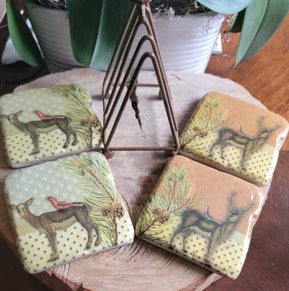 Vintage Deer Coasters With Stand